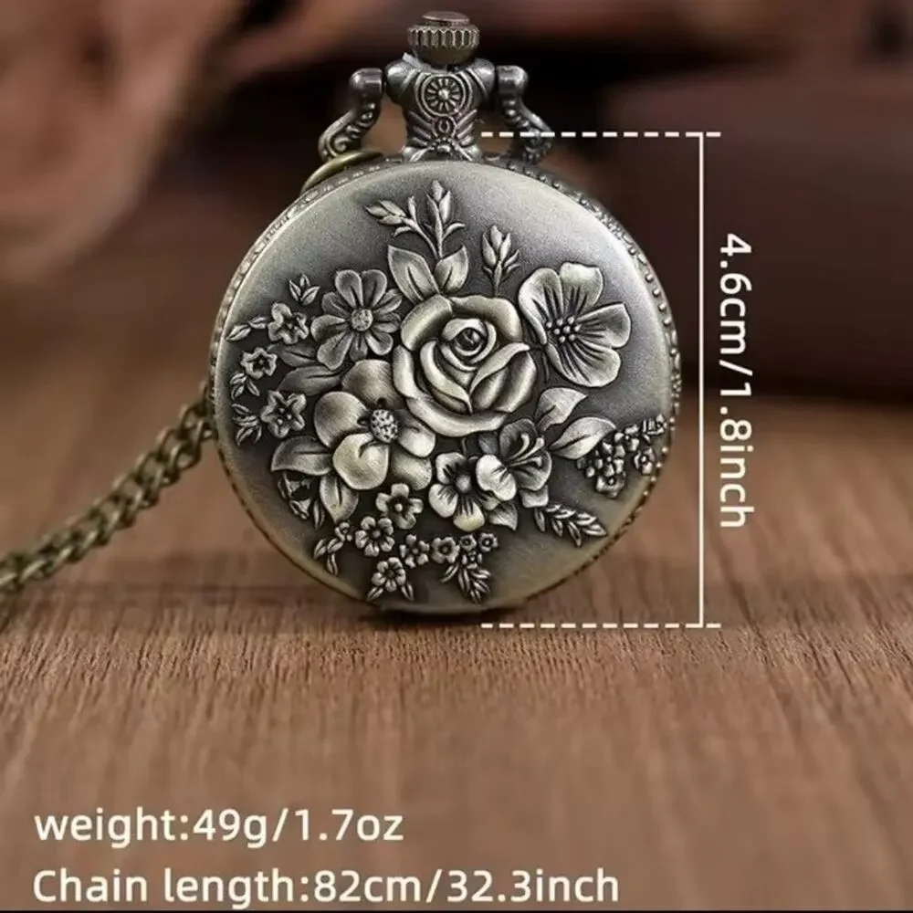 Gold Floral Rose Pocket Watch Vtg Western Womens Mens Anniversary Birthday Gift